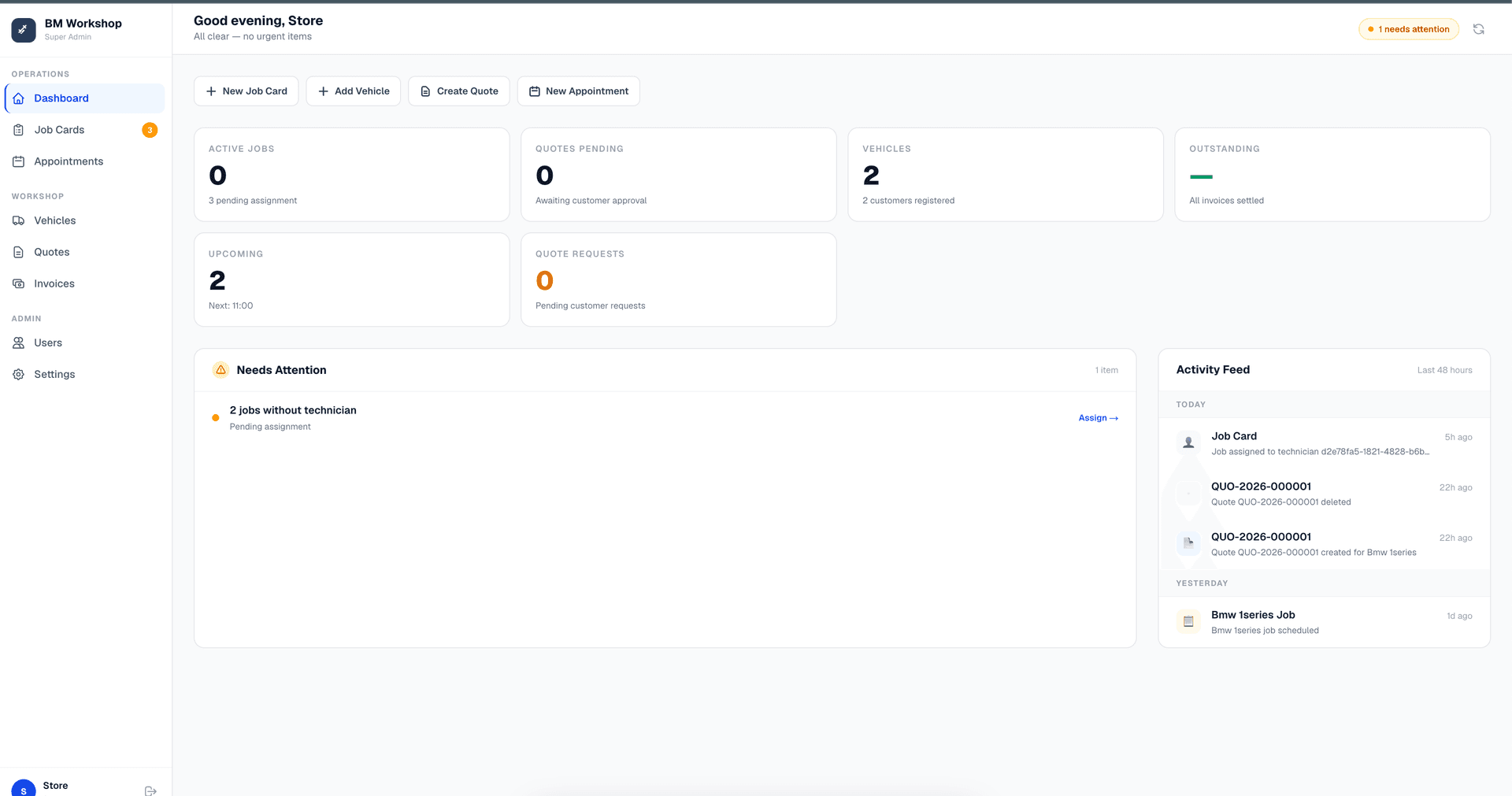 B Mobile dashboard — Workshop Settings page showing daily appointment cap, slot duration, vehicles per slot, booking window, and billing configuration
