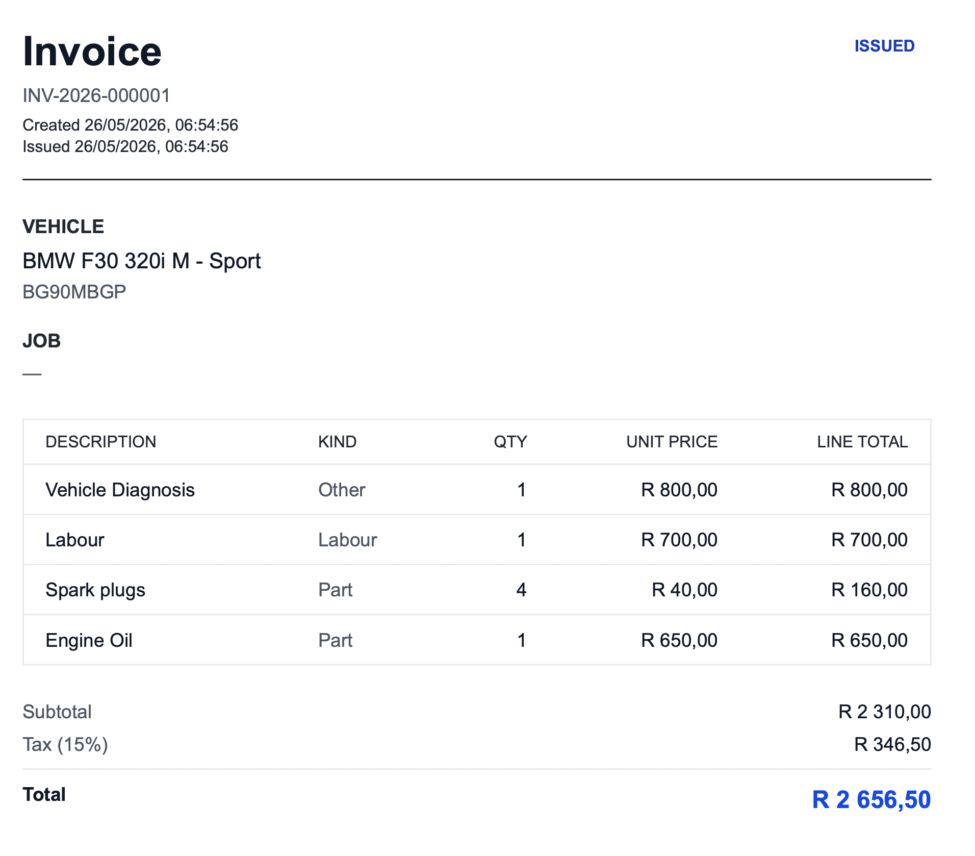 B Mobile invoice preview showing line items, VAT breakdown, and total