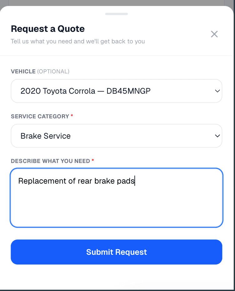 B Mobile quote request form showing parts, labour, and total estimate